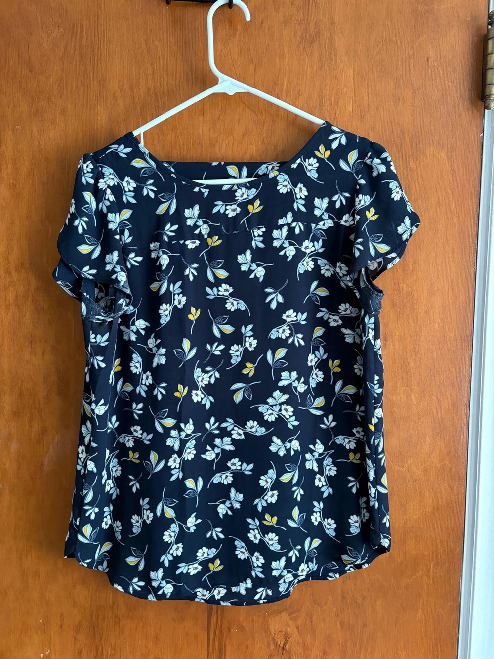LOFT Navy Floral Short Flutter Sleeve Blouse